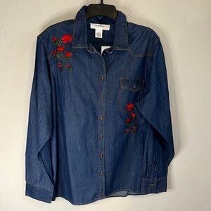 Workshop Republic Clothing Blue Button Down Shirt with Red Floral Embroidery